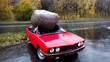 A huge boulder on the roof of a crumpled car
