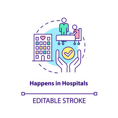 Sticker - Happens in hospitals concept icon. Patient service. Palliative care characteristic abstract idea thin line illustration. Isolated outline drawing. Editable stroke. Arial, Myriad Pro-Bold fonts used