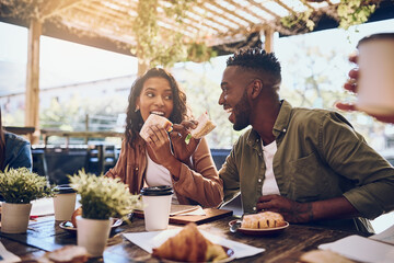 Poster - Theyre in the honeymoon stage of their relationship. Cropped shot of a happy young couple out for lunch at a cafe.
