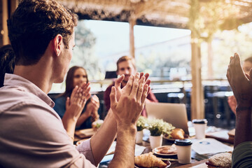 Aufkleber - Free lunch and good news. Shot of a group of colleagues clapping hands in a lunch meeting.