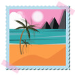 Frame. Summer landscape with palm tree, sea and mountains, vector illustration, vacation