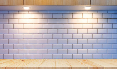 Wall Mural - Front view of empty wood counter with lighting on white tiles wall and wooden countertop in modern kitchen room 