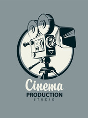 Vector icon or logo for Cinema production studio with old-fashioned movie projector or video camera and the inscription on a grey. Suitable for advertising banner, poster, sticker, flyer, ticket