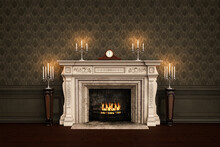 Vintage Victorian Fireplace With Carriage Clock And Candles On The Mantlepiece And Fire Buring In The Grate. 3D Illustration.