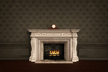 Vintage Old Fashioned Fireplace With Carriage Clock On The Mantelpiece. 3D Rendering.