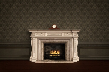 Vintage old fashioned fireplace with carriage clock on the mantelpiece. 3D rendering.