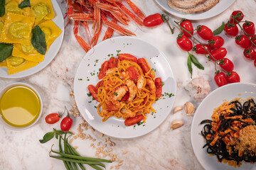 Canvas Print - A closeup shot of fresh linguine with king prawns