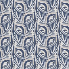 French blue botanical leaf linen seamless pattern with 2 tone country cottage style motif. Simple vintage rustic fabric textile effect. Primitive modern shabby chic kitchen cloth design.