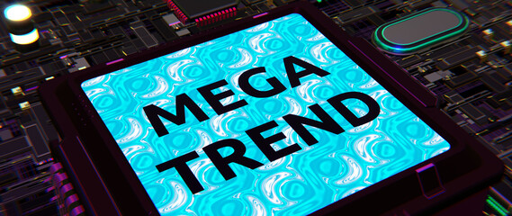 Fototapete - Konzept: Begriffserklärung MEGA - Computerbauteile mit Text - 3D digital Rendering