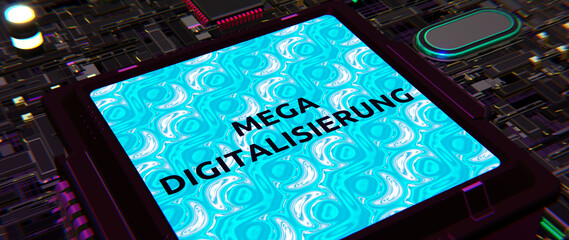 Fototapete - Konzept: Begriffserklärung MEGA - Computerbauteile mit Text - 3D digital Rendering