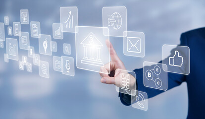 Poster - Businessman touchscreen on the graph Screen Icon of a media screen, Technology Process System Business with Communication and marketing concept, Team success, HR Human, Business success