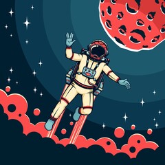Wall Mural - atronaut flies with jetpack in space near the red planet with craters. retro astronaut and mars plan