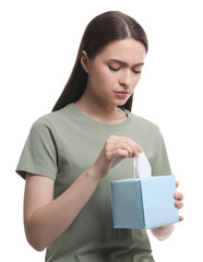 Poster - Sick woman taking tissue on white background. Cold symptoms