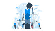 Office workers are building a tower of puzzles together. Animation ready duik friendly vector Illustration. Conceptual business story. Puzzle connection, teamwork abstract metaphor.