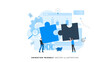 Two people connect puzzles. Animation ready duik friendly vector Illustration. Conceptual business story. Puzzle connection, teamwork abstract metaphor, partnership, collaboration.