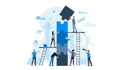 Office workers are building a tower of puzzles together. Animation ready duik friendly vector Illustration. Conceptual business story. Puzzle connection, teamwork abstract metaphor.