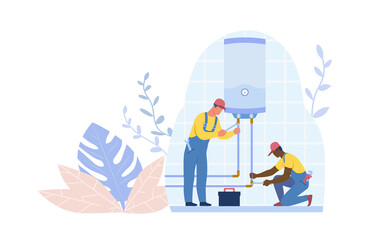 Water heater repair. Two men in masks and work suits fix plumbing problems. Employees and technical workers. Bath, boiler and good service. Iron pipes and spanners. Cartoon flat vector illustration