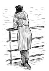 Sticker - Sketch of young woman standing on river embankment and looking on water