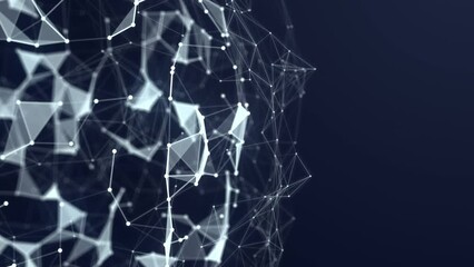 Fototapete - Abstract animation of rotating sphere with connected dots and lines on blue background with bokeh. Business, science, communication, network, cyberspace, and technology plexus motion graphic concept
