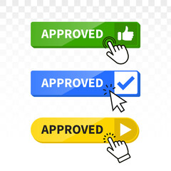 Poster - approved button set. approved sign with mouse pointer. key. push button