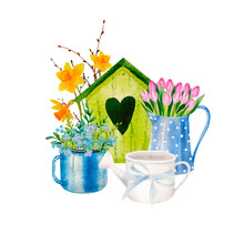 Watercolor Set Of Spring Flower Bouqets In Cup, Jug And Wooden Box, Birdhouse