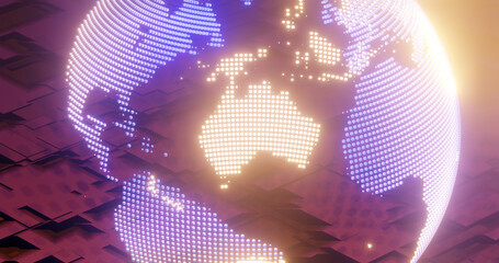 Render with a planet made of blue glowing cubes in yellow light on a red background