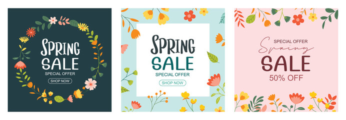 spring sale banner background template with colorful flower.can be use social media card, voucher, w