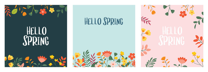 Wall Mural - hello spring banner background template with colorful flower.can be use social media card, voucher, 