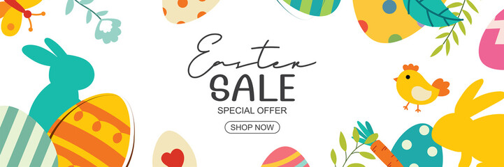Wall Mural - easter sale banner design template with colorful eggs and flowers. use for cover, advertising, flyer