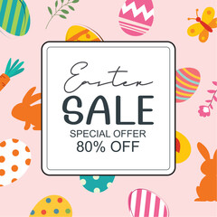 Wall Mural - easter sale banner design template with colorful eggs and flowers. use for social media, advertising