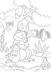 Wall Mural - Coloring page. Mother badger sleeps with her little cute baby near the tree in the forest.