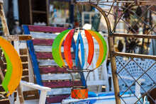A Colorful Hot Air Balloon Shaped Wind Spinner Hanging In An Antique Store Surrounded By Various Antiques In Douglasville Georgia USA
