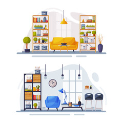 Sticker - Cozy room interiors with comfy sofa, armchair, bookcase and home decoration accessories set vector illustration