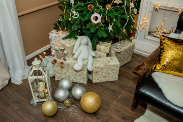 Christmas and New Year tree, toys, and brown wall (2). Idea for holiday like Christmas and New year, for covers books, magazines, articles.
