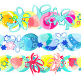 Fototapeta Motyle - Curbs. Easter egg patterns. Seamless wreath of Easter multicolored eggs and bows. Bright cartoon picture. For the church celebration of the consecration of eggs and talking. Printing on fabric and pap