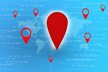 Poster - 3d rendering Red map pointer with world map