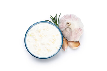 Garlic sauce and ingredients isolated on white background