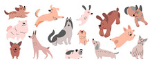 Set Of Cute Dogs Vector. Lovely Dog And Friendly Puppy Doodle Pattern In Different Poses And Breeds With Flat Color. Adorable Funny Pet And Many Characters Hand Drawn Collection On White Background.