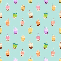 Aufkleber - Seamless pattern with bubble milk tea in cups. Endless background with Asian pearl drink. Repeating print with cold boba cocktail in glasses with straw. Colored flat vector illustration for decoration