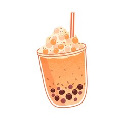 Wall Mural - Bubble milk tea with orange juice flavor. Pearl boba drink in glass cup with bubbles, cream, fruit. Thai tapioca bubbletea with straw. Cold Taiwanese smoothie. Colored flat vector illustration