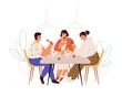 © Good Studio - People having meal, lunch at table. Happy friends sitting together in cafe with Asian wok, eating and talking. Man and women with dinner food. Flat vector illustration isolated on white background