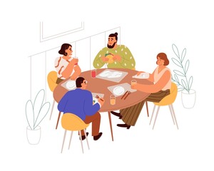 Aufkleber - People have meal, business lunch at table in canteen. Colleagues friends sit together in dining room, eating and talking. Men and women at dinner. Flat vector illustration isolated on white background