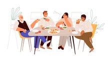 Colleagues Having Meal, Business Lunch At Dining Table In Office. People Eating Pizza Together At Break. Employees Coworkers Relaxing, Talking. Flat Vector Illustration Isolated On White Background