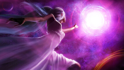 A beautiful girl in a white summer dress is flying in her wonderful dream through space in weightlessness, she is reaching for a bright white clot of light in the midst of planets and stars 2d art 