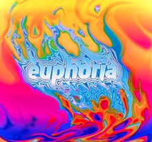 Euphoria. Abstract concept colorful illustration in the 80s and 90s synthwave style design with depth of field blazing colors on dark background.