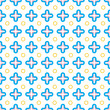 Seamless vector pattern. Abstract geometric background of crosses, rings, lines in blue, pink, yellow and white colors. For use on wallpaper, fabric, packaging and more.