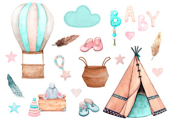 Children's teepee for games, hot air balloon, cloud, baby lettering, toys, baby booties and other elements. Set of boho design elements. Design for logo, baby textile, print, nursery decor, kids room.