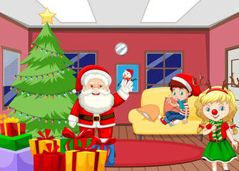 Poster - Santa Claus with happy children in the room scene