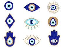 Set Of Mystical Hamsa. Collection Of  Different Amulet Blue Evil Eye Or Turkish Eye. Modern Amulet For Protection. Spirituality Sign.