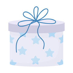 Poster - Present in blue box semi flat color vector object. Full sized item on white. Birthday party and christmas gift simple cartoon style illustration for web graphic design and animation